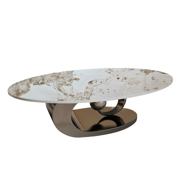 English Elm Modern Sintered Stone Coffee Table Sculptural Steel Base Living Room Centerpiece Grey+White W3136S00156