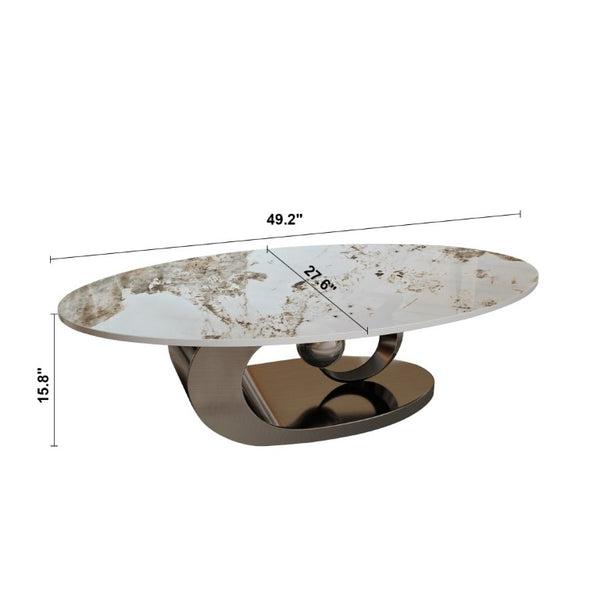 English Elm Modern Sintered Stone Coffee Table Sculptural Steel Base Living Room Centerpiece Grey+White W3136S00156
