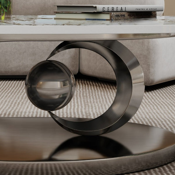 English Elm Modern Sintered Stone Coffee Table Sculptural Steel Base Living Room Centerpiece Grey+White W3136S00156