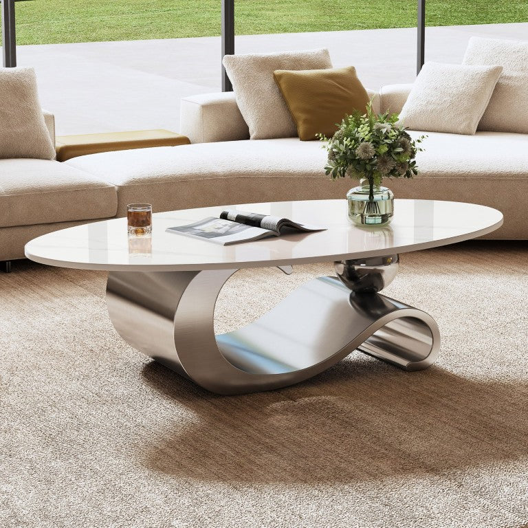 English Elm 49.2 Inch Oval Sintered Stone Coffee Table with Sculptural Steel Base for Living Room W3136S00158
