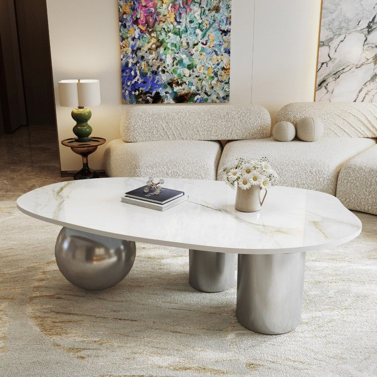 English Elm 49.2 Inch Sculptural Sintered Stone Coffee Table with Mixed Stainless Steel Base for Living Room W3136S00161