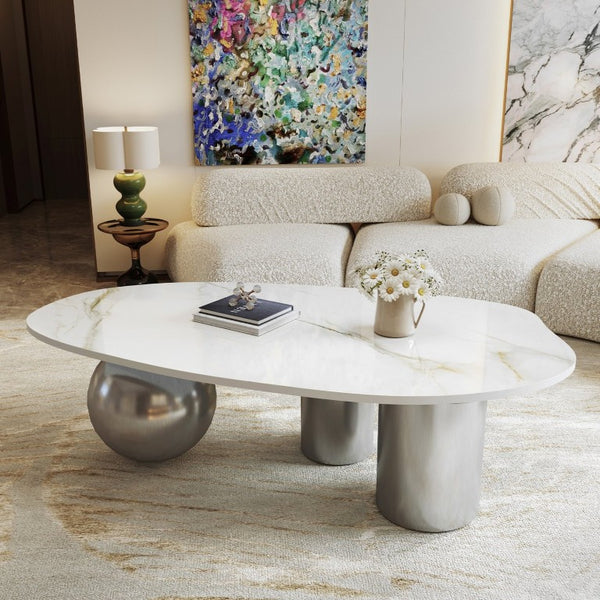 English Elm 49.2 Inch Sculptural Sintered Stone Coffee Table with Mixed Stainless Steel Base for Living Room W3136S00161