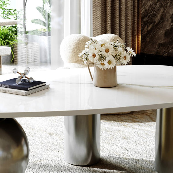 English Elm 49.2 Inch Sculptural Sintered Stone Coffee Table with Mixed Stainless Steel Base for Living Room W3136S00161