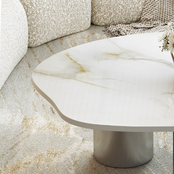 English Elm 49.2 Inch Sculptural Sintered Stone Coffee Table with Mixed Stainless Steel Base for Living Room W3136S00161
