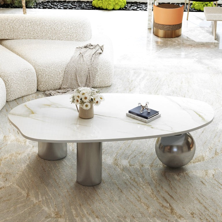 English Elm 49.2 Inch Sculptural Sintered Stone Coffee Table with Mixed Stainless Steel Base for Living Room W3136S00161