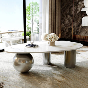 English Elm 49.2 Inch Sculptural Sintered Stone Coffee Table with Mixed Stainless Steel Base for Living Room W3136S00161