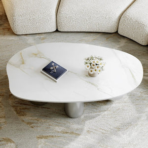English Elm 49.2 Inch Sculptural Sintered Stone Coffee Table with Mixed Stainless Steel Base for Living Room W3136S00161