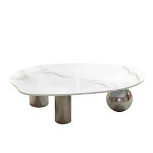 English Elm 49.2 Inch Sculptural Sintered Stone Coffee Table with Mixed Stainless Steel Base for Living Room W3136S00161