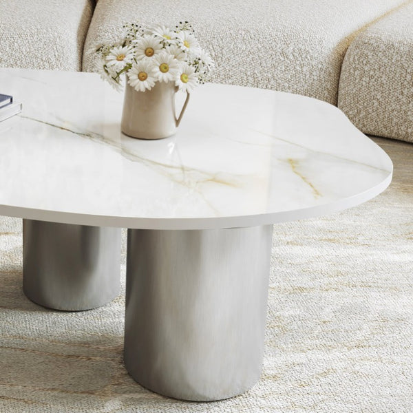 English Elm 49.2 Inch Sculptural Sintered Stone Coffee Table with Mixed Stainless Steel Base for Living Room W3136S00161
