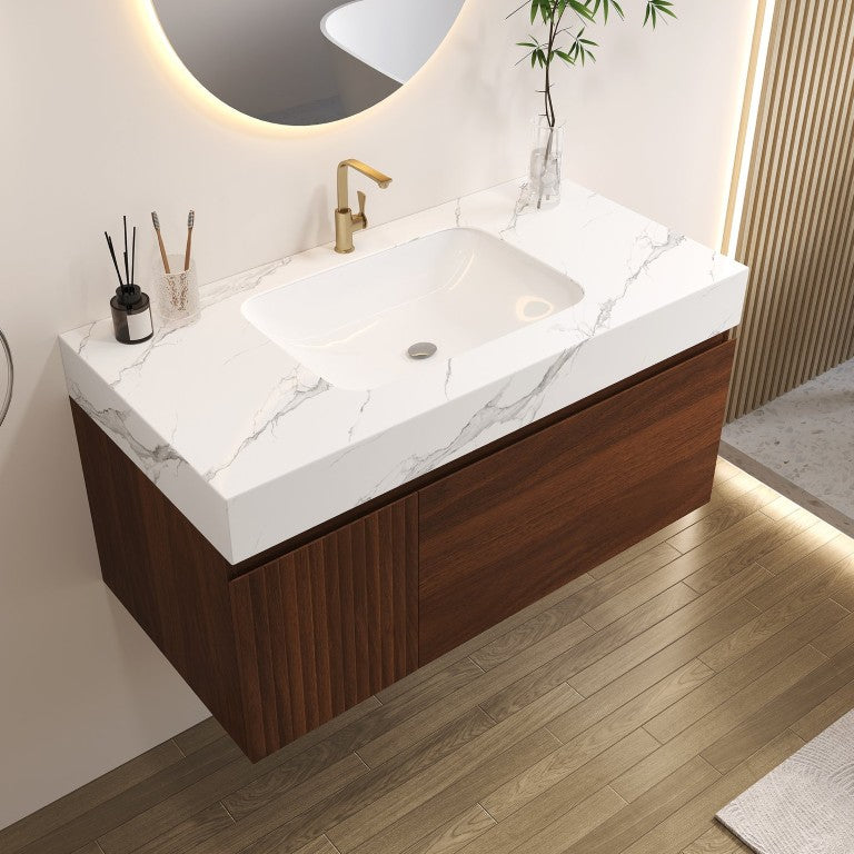 English Elm 36 Inch Floating Vanity with Sintered Stone Basin Fluted Door and Soft Close Drawer W3136S00162