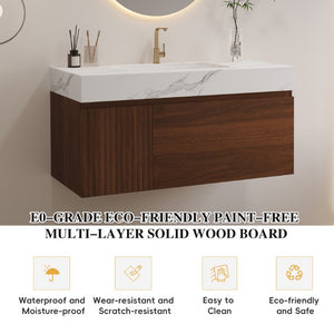 English Elm 36 Inch Floating Vanity with Sintered Stone Basin Fluted Door and Soft Close Drawer W3136S00162