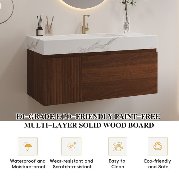 English Elm 36 Inch Floating Vanity with Sintered Stone Basin Fluted Door and Soft Close Drawer W3136S00162