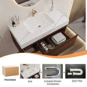 English Elm 36 Inch Floating Vanity with Sintered Stone Basin Fluted Door and Soft Close Drawer W3136S00162