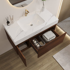 English Elm 36 Inch Floating Vanity with Sintered Stone Basin Fluted Door and Soft Close Drawer W3136S00162