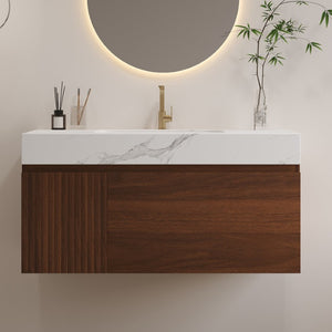 English Elm 36 Inch Floating Vanity with Sintered Stone Basin Fluted Door and Soft Close Drawer W3136S00162