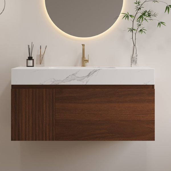 English Elm 36 Inch Floating Vanity with Sintered Stone Basin Fluted Door and Soft Close Drawer W3136S00162
