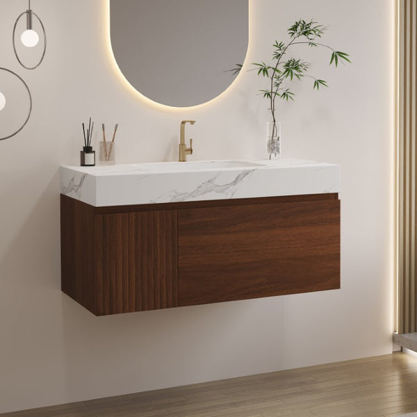 English Elm 36 Inch Floating Vanity with Sintered Stone Basin Fluted Door and Soft Close Drawer W3136S00162