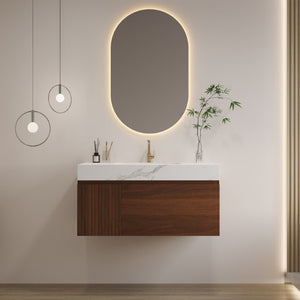 English Elm 36 Inch Floating Vanity with Sintered Stone Basin Fluted Door and Soft Close Drawer W3136S00162