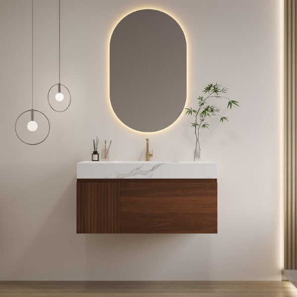 English Elm 36 Inch Floating Vanity with Sintered Stone Basin Fluted Door and Soft Close Drawer W3136S00162