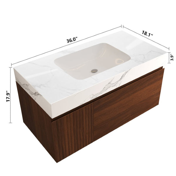English Elm 36 Inch Floating Vanity with Sintered Stone Basin Fluted Door and Soft Close Drawer W3136S00162