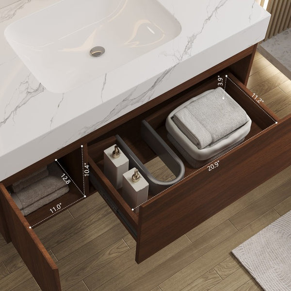 English Elm 36 Inch Floating Vanity with Sintered Stone Basin Fluted Door and Soft Close Drawer W3136S00162