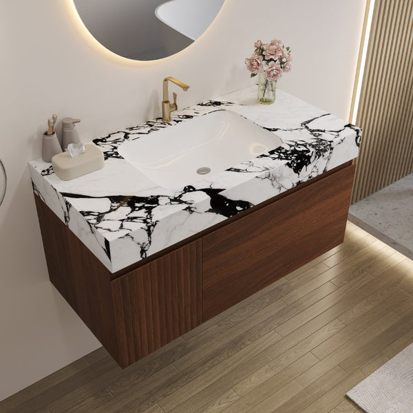 English Elm 36 Inch Floating Vanity with Sintered Stone Top Fluted Cabinet and Integrated Basin Wall-Mounted W3136S00163