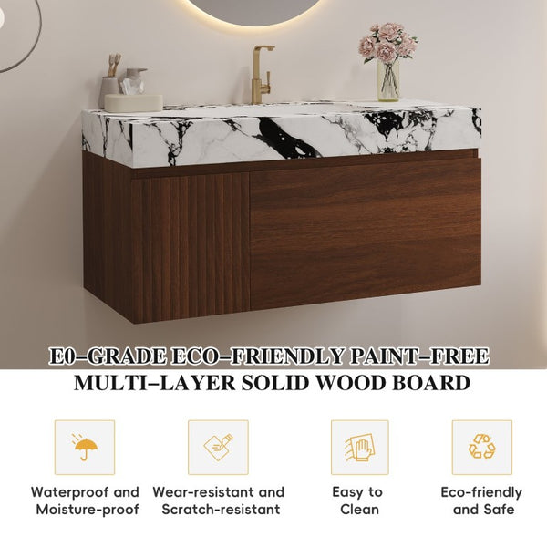 English Elm 36 Inch Floating Vanity with Sintered Stone Top Fluted Cabinet and Integrated Basin Wall-Mounted W3136S00163