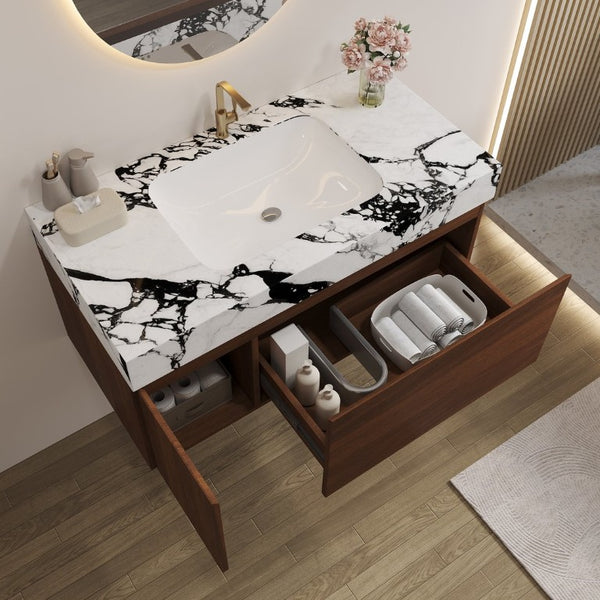 English Elm 36 Inch Floating Vanity with Sintered Stone Top Fluted Cabinet and Integrated Basin Wall-Mounted W3136S00163