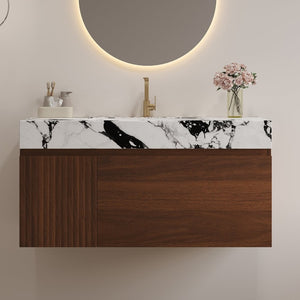 English Elm 36 Inch Floating Vanity with Sintered Stone Top Fluted Cabinet and Integrated Basin Wall-Mounted W3136S00163