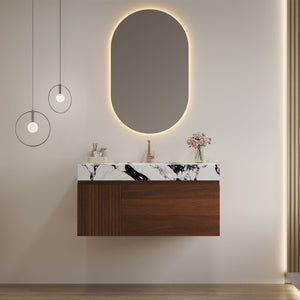 English Elm 36 Inch Floating Vanity with Sintered Stone Top Fluted Cabinet and Integrated Basin Wall-Mounted W3136S00163
