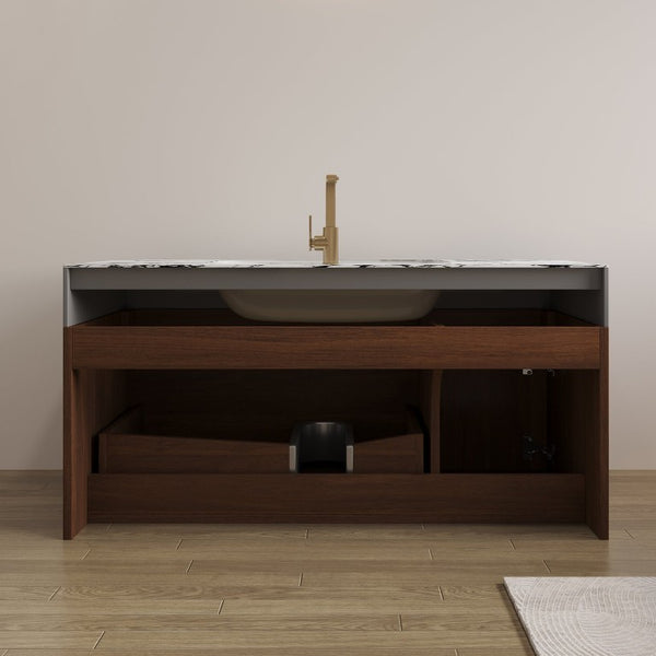 English Elm 36 Inch Floating Vanity with Sintered Stone Top Fluted Cabinet and Integrated Basin Wall-Mounted W3136S00163