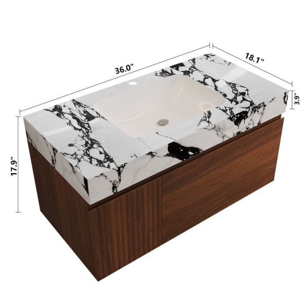 English Elm 36 Inch Floating Vanity with Sintered Stone Top Fluted Cabinet and Integrated Basin Wall-Mounted W3136S00163