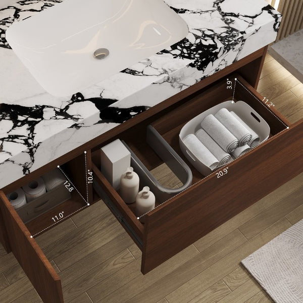 English Elm 36 Inch Floating Vanity with Sintered Stone Top Fluted Cabinet and Integrated Basin Wall-Mounted W3136S00163