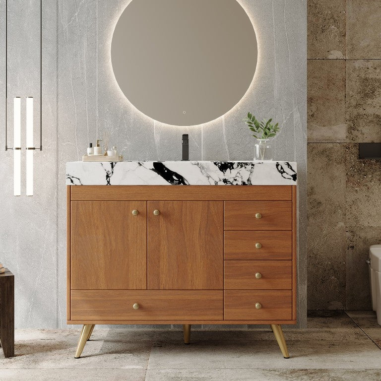 English Elm 36 Inch Floating Vanity with Sintered Stone Top Fluted Cabinet and Integrated Basin Freestanding W3136S00164