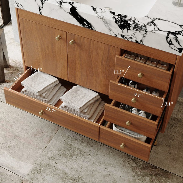 English Elm 36 Inch Floating Vanity with Sintered Stone Top Fluted Cabinet and Integrated Basin Freestanding W3136S00164