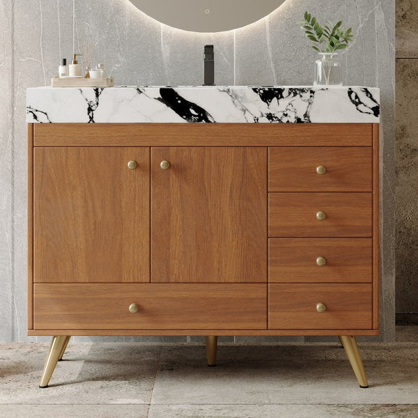 English Elm 36 Inch Floating Vanity with Sintered Stone Top Fluted Cabinet and Integrated Basin Freestanding W3136S00164