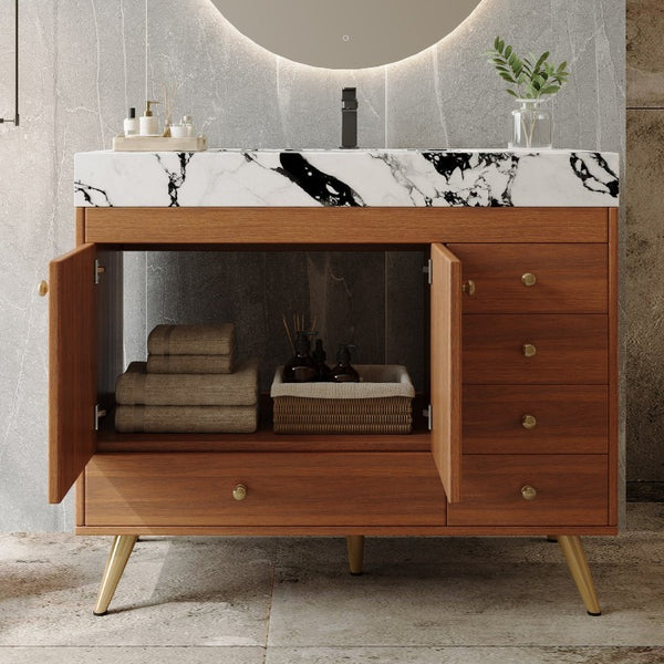 English Elm 36 Inch Floating Vanity with Sintered Stone Top Fluted Cabinet and Integrated Basin Freestanding W3136S00164