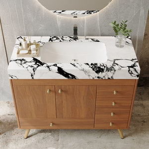 English Elm 36 Inch Floating Vanity with Sintered Stone Top Fluted Cabinet and Integrated Basin Freestanding W3136S00164