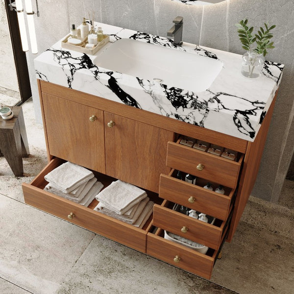 English Elm 36 Inch Floating Vanity with Sintered Stone Top Fluted Cabinet and Integrated Basin Freestanding W3136S00164