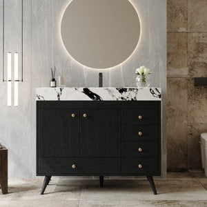 English Elm 36 Inch Freestanding Bathroom Vanity with Stone Top Integrated Sink and Five Drawers Black, Gold, White Ceramic, Faux Marble, Plywood, Sintered Stone, Stainless Steel W3136S00165