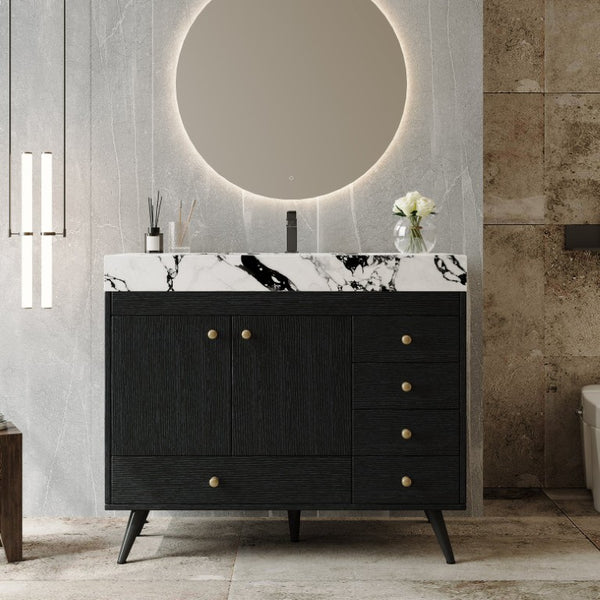 English Elm 36 Inch Freestanding Bathroom Vanity with Stone Top Integrated Sink and Five Drawers Black, Gold, White Ceramic, Faux Marble, Plywood, Sintered Stone, Stainless Steel W3136S00165