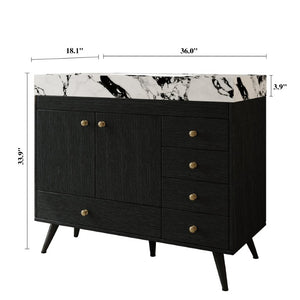 English Elm 36 Inch Freestanding Bathroom Vanity with Stone Top Integrated Sink and Five Drawers Black, Gold, White Ceramic, Faux Marble, Plywood, Sintered Stone, Stainless Steel W3136S00165