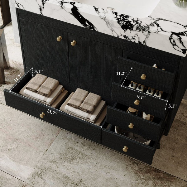 English Elm 36 Inch Freestanding Bathroom Vanity with Stone Top Integrated Sink and Five Drawers Black, Gold, White Ceramic, Faux Marble, Plywood, Sintered Stone, Stainless Steel W3136S00165