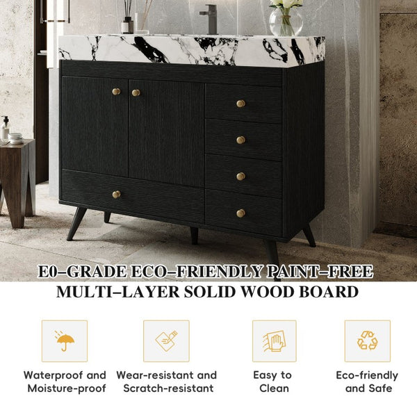 English Elm 36 Inch Freestanding Bathroom Vanity with Stone Top Integrated Sink and Five Drawers Black, Gold, White Ceramic, Faux Marble, Plywood, Sintered Stone, Stainless Steel W3136S00165