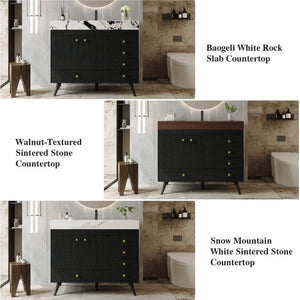 English Elm 36 Inch Freestanding Bathroom Vanity with Stone Top Integrated Sink and Five Drawers Black, Gold, White Ceramic, Faux Marble, Plywood, Sintered Stone, Stainless Steel W3136S00165