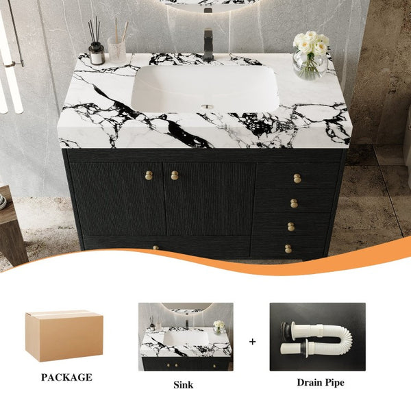 English Elm 36 Inch Freestanding Bathroom Vanity with Stone Top Integrated Sink and Five Drawers Black, Gold, White Ceramic, Faux Marble, Plywood, Sintered Stone, Stainless Steel W3136S00165