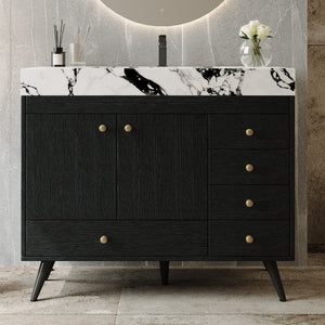 English Elm 36 Inch Freestanding Bathroom Vanity with Stone Top Integrated Sink and Five Drawers Black, Gold, White Ceramic, Faux Marble, Plywood, Sintered Stone, Stainless Steel W3136S00165