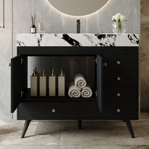 English Elm 36 Inch Freestanding Bathroom Vanity with Stone Top Integrated Sink and Five Drawers Black, Gold, White Ceramic, Faux Marble, Plywood, Sintered Stone, Stainless Steel W3136S00165