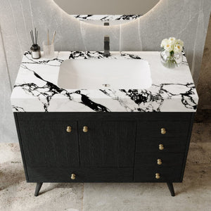English Elm 36 Inch Freestanding Bathroom Vanity with Stone Top Integrated Sink and Five Drawers Black, Gold, White Ceramic, Faux Marble, Plywood, Sintered Stone, Stainless Steel W3136S00165
