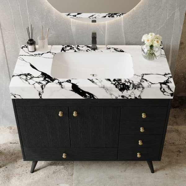 English Elm 36 Inch Freestanding Bathroom Vanity with Stone Top Integrated Sink and Five Drawers Black, Gold, White Ceramic, Faux Marble, Plywood, Sintered Stone, Stainless Steel W3136S00165
